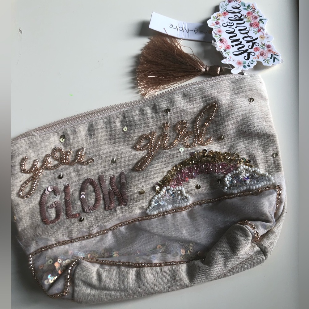 NWT You Glow Girl Sequin Beaded Zip Up Linen Cosmetic